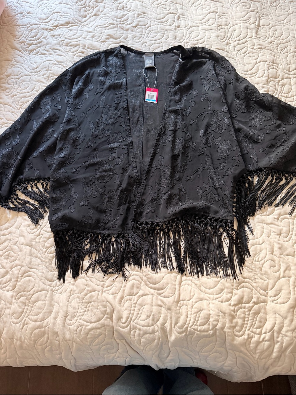 NWT Vince Camuto Black Fringe Open-Front Kimono Jacket One Size